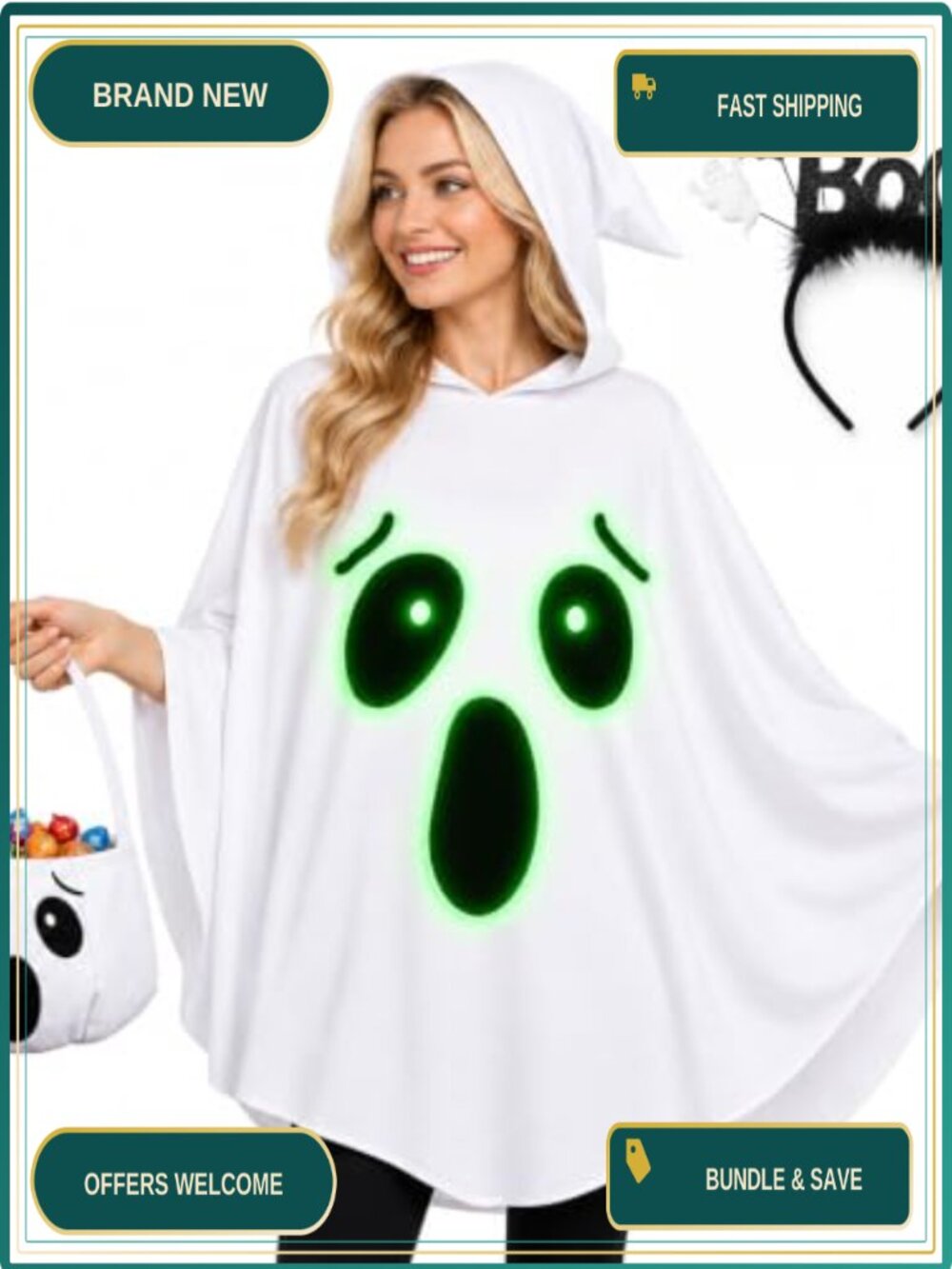 Glow in the Dark Ghost Poncho Costume Set BOO Headband Candy Bag Adult